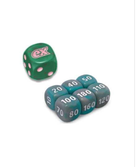 CONJUNTO COM SETE DADOS MARCADORES D6 - FENDA PARADOXAL - VERDE E ROSA